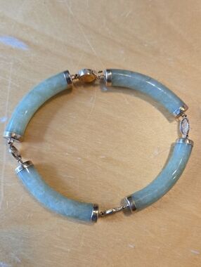 Vintage Green Jade Tube Bracelet with 14K Gold Links